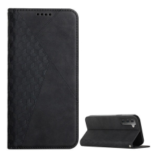 TokShop Samsung Galaxy S22 Plus 5G SM-S906, Oldalra nyíló tok, bőrhatású, stand, 3D rombusz minta, fekete tok és táska