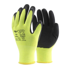 TOP Védőkesztyű latex mártott poliészter lélegző TOP JOB, fekete/sárga, M