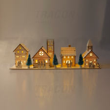 TRACON Karácsonyi falu LED dekoráció, fa, elemes, 6+18h, 5LED, 3000K, 3xAA karácsonyi dekoráció