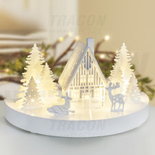 TRACON Karácsonyi LED dekoráció, fa házikó,szarvas, elemes, 6+18h, 6LED, 3000K, 3xAA karácsonyi dekoráció