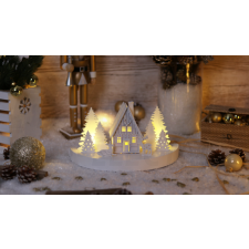 TRACON LED karácsonyi házikó, fa, fehér, elemesTimer 6+18h,6LED, 3000K, 3xAA karácsonyi dekoráció