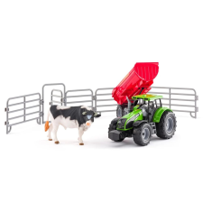 Traktor játék utánfutóval és bikával játékfigura