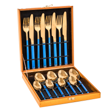  TRENDY'S rozsdamentes acél evőeszköz készlet, 16 db, kék-arany tányér és evőeszköz