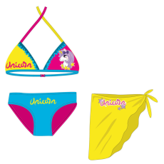  Unikornis fürdőruha szett - bikini háromszög felsőrésszel+szoknya kislányoknak - türkizkék-pink-sárga - 116