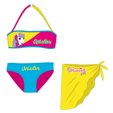  Unikornis fürdőruha szett - bikini+szoknya kislányoknak - pink-türkizkék-sárga - 128