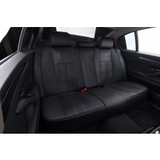  Univerzális autósüléshuzat-garnitúra, fekete ecobőr, piros varrással, elöl-hátul gyerekülés huzat, betét