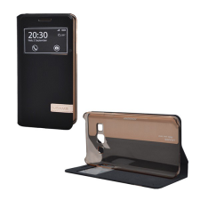 USAMS MUGE tok álló, bőr hatású (FLIP, oldalra nyíló, asztali tartó funkció, View Window) FEKETE [Samsung Galaxy A3 (2015) SM-A300F] (A3000MG01) tok és táska