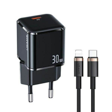 USAMS töltő 1xUSB-C T45 30W PD3.0 gyorstöltés + kábel U63 USB-C/Lightning fekete UXTZH01 (USAMS-UX) mobiltelefon kellék