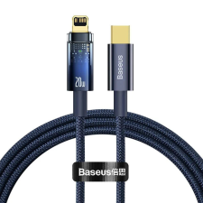  USB Type-C töltő- és adatkábel, Lightning, 100 cm, 2400 mA, 20W, gyorstöltés, cipőfűző minta, Baseus Explorer, CATS000003, sötétkék kábel és adapter