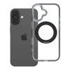 utángyártott Apple iPhone 17 tok, gyűrűs kitámasztóval, kameravédő peremmel, MagSafe, átlátszó-fekete