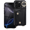 utángyártott Wonder iPhone 16 Pro kártyatartós tok gyűrűs kitámasztóval, csuklóra / vállra akasztható pánttal, fekete