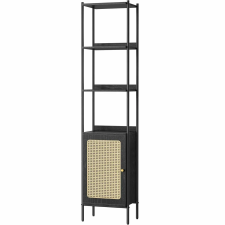 Vasagle 6-emeletes könyvespolc, fémváz, boho stílusú rattan hatású ajtók, 30x40x175 cm, fekete bútor