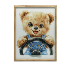 VÁSZFESTMÉNY EGY MOSOLYGÓ MEDVE FALÁRA A KORMÁNY MÖGÖTT 40x50 CM grafika, keretezett kép
