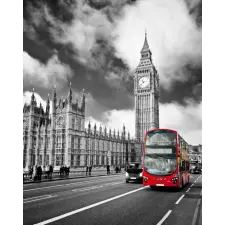  Vászonfestmény London Bridge, piros busz, retro, fekete-fehér, 70 x 105 cm grafika, keretezett kép