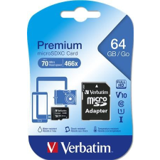 Verbatim Memóriakártya, microSDXC, 64GB, CL10/U1, 70/10 MB/s, adapter, VERBATIM, "Premium" memóriakártya