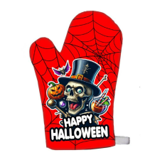 Vicces edényfogó kesztyű, Happy Halloween, koponya, piros konyhai eszköz