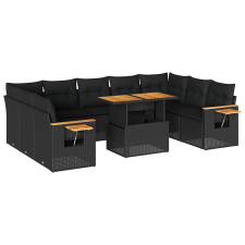 vidaXL 10 részes fekete polyrattan akácfa kerti ülőgarnitúra párnákkal (3327639) kerti bútor