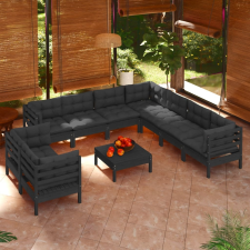 vidaXL 10 részes fekete tömör fenyőfa kerti ülőgarnitúra párnákkal kerti bútor