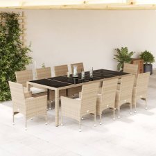 vidaXL 11 részes bézs polyrattan/üveg kerti étkezőgarnitúra párnákkal kerti bútor