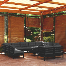 vidaXL 12 részes fekete tömör fenyőfa kerti ülőgarnitúra párnákkal kerti bútor