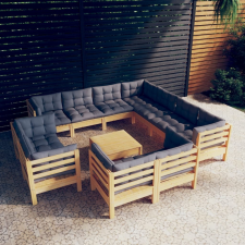 vidaXL 12 részes tömör fenyőfa kerti ülőgarnitúra szürke párnákkal kerti bútor