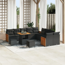 vidaXL 13 részes kerti kanapé készlet párnákkal Fekete Poli Rattan Akác kerti bútor