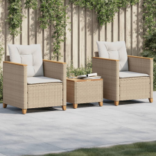 vidaXL 3 részes bézs polyrattan és akácfa bisztrószett párnákkal kerti bútor