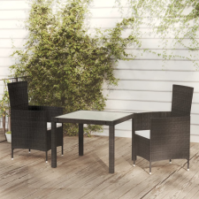 vidaXL 3-részes fekete polyrattan kültéri étkezőszett párnákkal kerti bútor