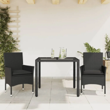 vidaXL 3 részes fekete polyrattan/üveg kerti étkezőgarnitúra párnákkal kerti bútor
