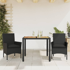 vidaXL 3részes fekete polyrattan/akácfa kerti étkezőgarnitúra párnákkal kerti bútor
