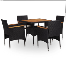 vidaXL 5 részes fekete kültéri polyrattan és akácfa étkezőszett kerti bútor