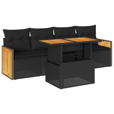 vidaXL 5 részes fekete polyrattan akácfa kerti kanapészett párnákkal (3327653) kerti bútor