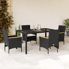 vidaXL 5 részes fekete polyrattan/üveg kerti étkezőgarnitúra párnákkal kerti bútor