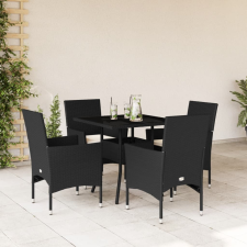 vidaXL 5 részes fekete polyrattan/üveg kerti étkezőgarnitúra párnákkal kerti bútor