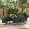 vidaXL 7 Darabos Kert Étkező Készlet Párnákkal Fekete Poli Rattan, Kert Asztal Fekete 200x80x73 cm Edzett Üveg
