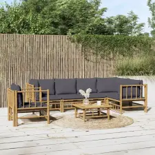 vidaXL 7 részes bambusz kerti ülőgarnitúra sötétszürke párnákkal kerti bútor