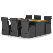 vidaXL 7 részes fekete polyrattan kültéri étkezőszett párnákkal (3059346) kerti bútor