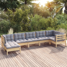 vidaXL 7 részes tömör fenyőfa kerti ülőgarnitúra szürke párnákkal kerti bútor