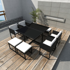 vidaXL 9-részes fekete kültéri polyrattan étkezőszett párnákkal kerti bútor