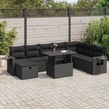 vidaXL 9 részes fekete polyrattan kerti ülőgarnitúra párnákkal kerti bútor