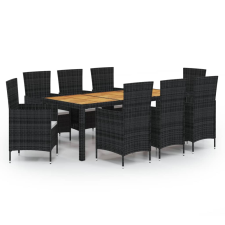 vidaXL 9 részes fekete polyrattan kültéri étkezőszett párnákkal (3094838) kerti bútor