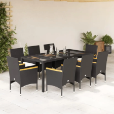 vidaXL 9 részes fekete polyrattan/üveg kerti étkezőgarnitúra párnákkal kerti bútor
