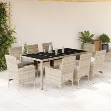 vidaXL 9 részes szürke polyrattan/üveg kerti étkezőgarnitúra párnákkal kerti bútor