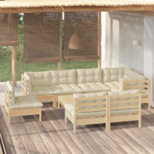 vidaXL 9 részes tömör fenyőfa kerti ülőgarnitúra krémszínű párnákkal kerti bútor