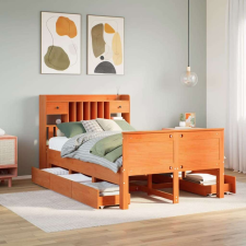 vidaXL barna tömör fenyőfa könyvespolcos ágy matrac nélkül 135 x 190cm ágy és ágykellék