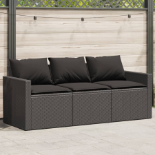 vidaXL fekete 3 személyes polyrattan kerti kanapé párnákkal kerti bútor