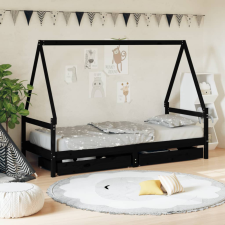 vidaXL Fekete gyerek tömör fenyőfa ágykeret fiókokkal 90 x 200 cm ágy és ágykellék