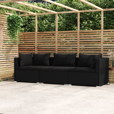 vidaXL fekete háromszemélyes polyrattan kanapé párnákkal kerti bútor