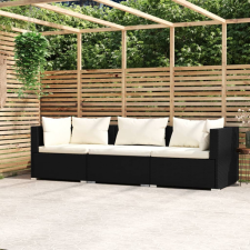 vidaXL fekete háromszemélyes polyrattan kanapé párnákkal kerti bútor