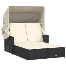 vidaXL fekete polyrattan dupla napozóágy tetővel és párnával (365806) kerti bútor